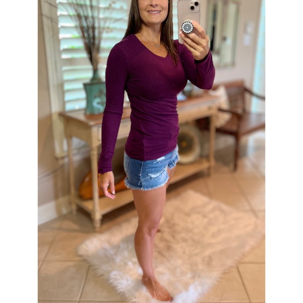 Round Neck Slimming Long Sleeve Cotton Top Eggplant 2519 - Picture 3 of 5